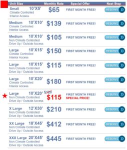 Self Storage Altoona rates sizes prices