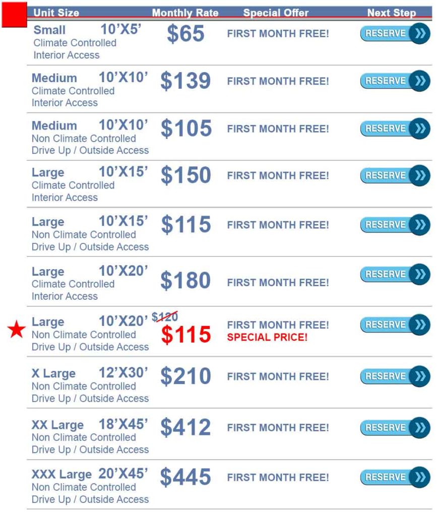 Self Storage Altoona rates sizes prices Adventureland Drive Storage